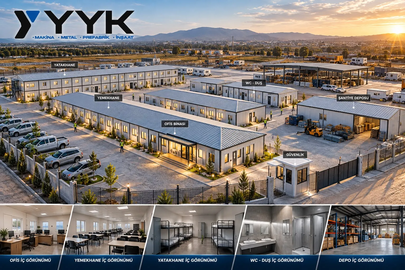 Tepe yamacına kurulmuş mavi çatılı prefabrik şantiye kampı